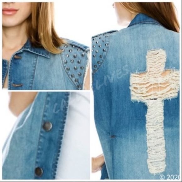 Callie Christian Cross Stud Denim Jean Jacket Vest - Picture 4 of 7